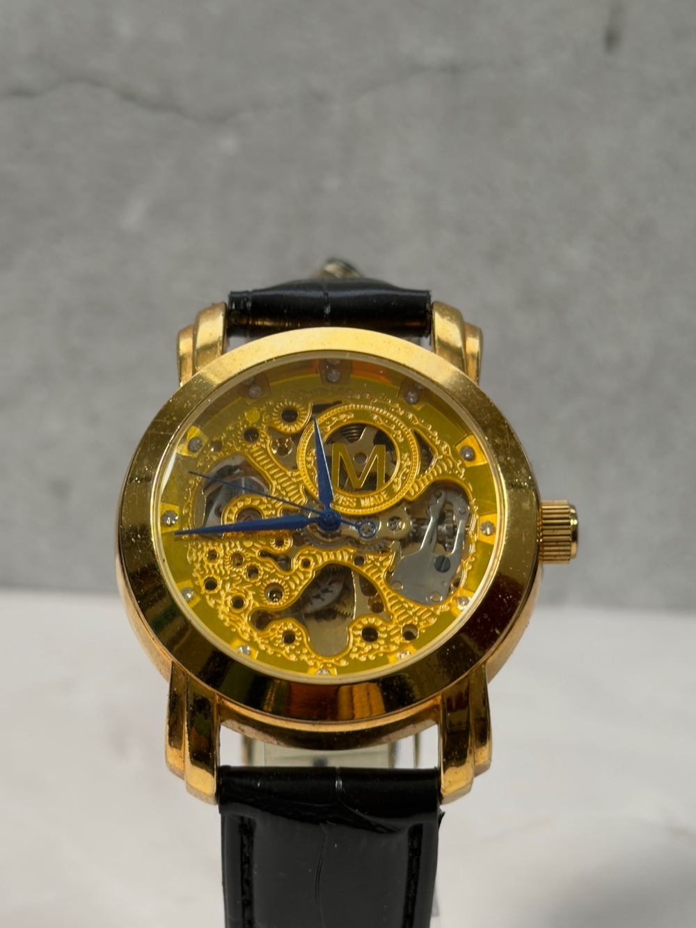 Skeleton Automatic Watch Gold Tone Exhibition Dial Black Strap Mens
